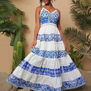 Blue and White Boho Women's Holiday Printed Fabric Splice Embroidered Dress